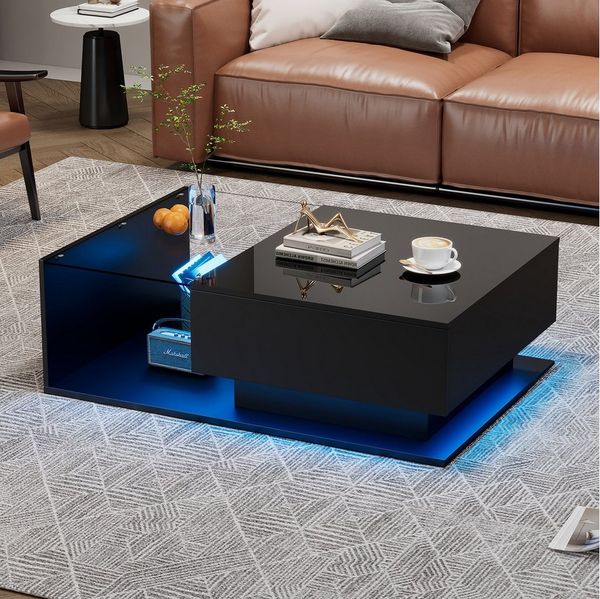 STILVORA Couchtisch Sofatisch mit Glastischplatte,Wohnzimmertisch mit LED&Lagerung,Schwarz (mit 1 Schublade,100x50x32cm), mit Glasplatte und Schubladen, kratzfest