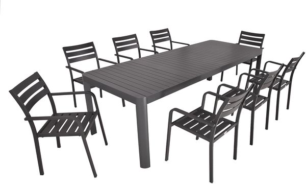 Garten-Sitzgruppe ELLA 9-tlg. - Kunststoff, Grau | Gartenmöbel-Set Gartengarnitur Garten-Essgruppe mit Stapelstühlen und Esstisch