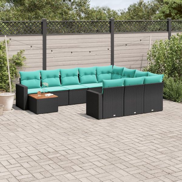 vidaXL 11-tlg. Garten-Sofagarnitur mit Kissen Schwarz Poly Rattan 3256638
