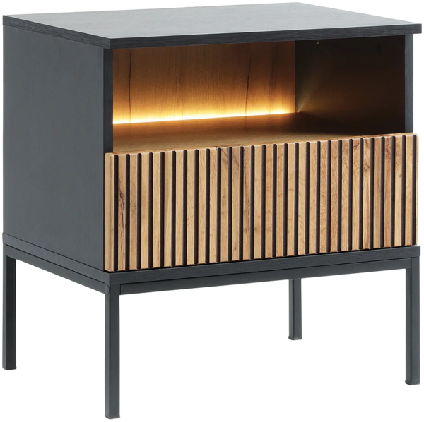 Vente-unique - 2er-Set Nachttische mit 1 Schublade & 1 Ablagefach - Mit LED-Beleuchtung - Schwarz und Holzfarben - OVILA Bild 3