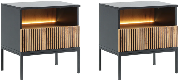 Vente-unique - 2er-Set Nachttische mit 1 Schublade & 1 Ablagefach - Mit LED-Beleuchtung - Schwarz und Holzfarben - OVILA Bild 6