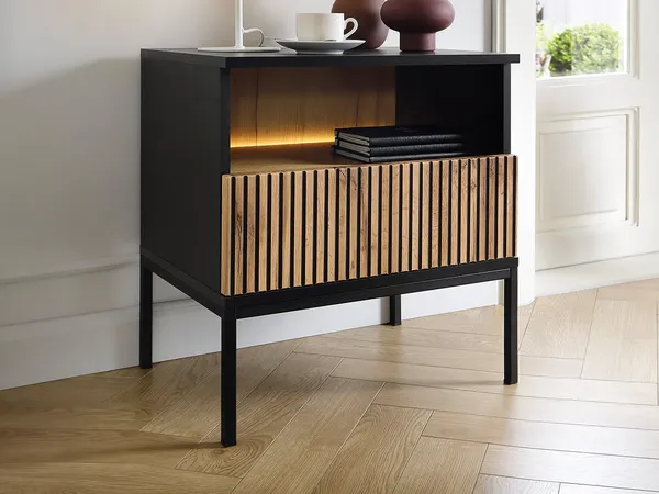 Vente-unique - OVILA Nachttisch Holz, Platte SchwarzBeige - B 39 cm x H 56,2 cm x L 53,6 cm