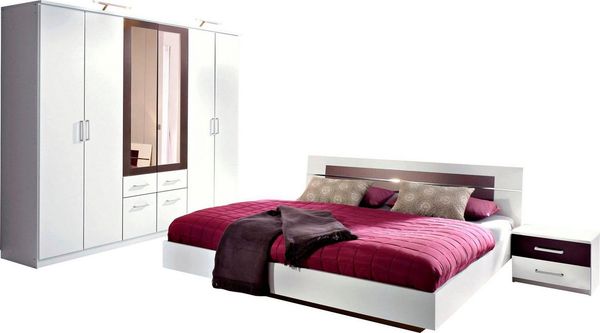 Schlafzimmer Burano in Weiß und Grau 4 teilig – mit verschiedenen Schrankvarianten wählbar - 4 teilig , Kleiderschrank 4 türig + 180er Doppelbett + 2 Nachttische