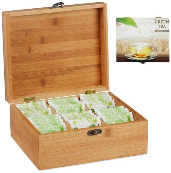 Relaxdays Teebox Bambus mit 6 Fächern