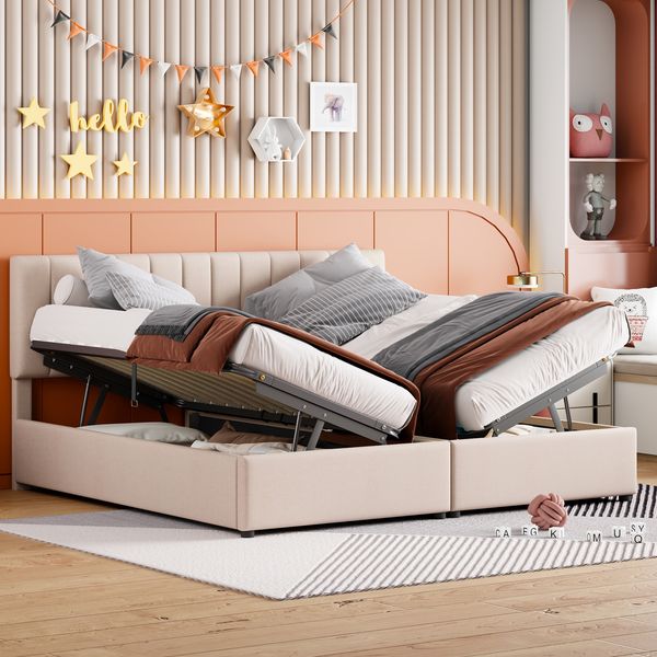Polsterbett 180x200 cm mit Bettkasten und 2-in-1-Funktion, Beige, ohne Matratze