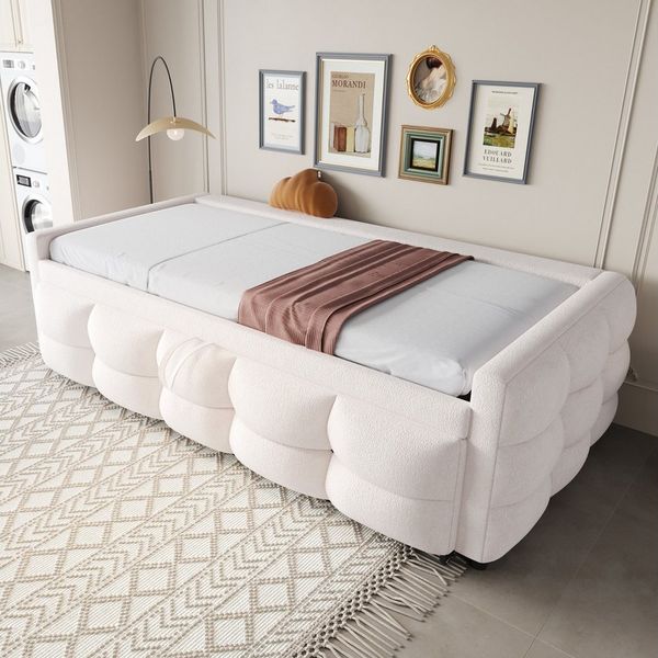 Merax Daybett (Einzelbett Doppelbett Tagesbett Jugendbett Sofabett, 1 tlg), Polsterbett mit Ausziehbett, Schlafsofa aus Teddy-Samt, 90/180x190 cm