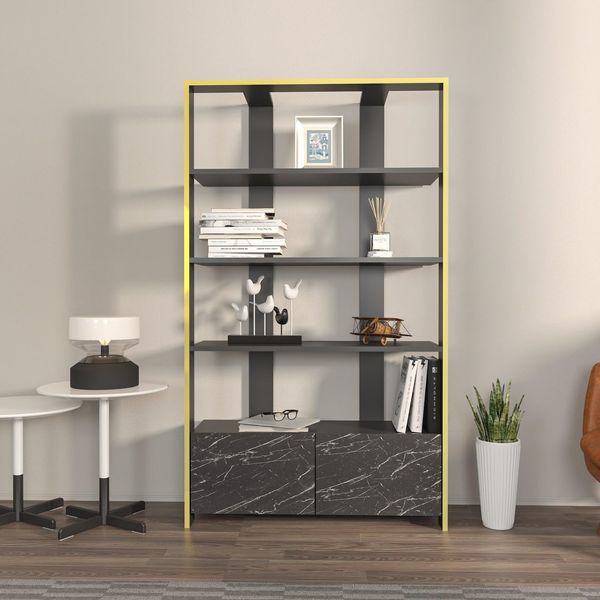 Stylish Black & Marble Bookshelf, 93.6 x 31.5 x 160 cm | 100% Melamine Coated Particle Board, 18 mm Thick | Modern Storage Solution for Home & Office