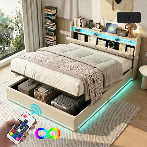 Gdood Polsterbett Stauraumbett Doppelbett LED (Type-C + USB, Hydraulisch hebbarer Stauraum), Mit Bettkasten, LED-Beleuchtung, USB-Anschluss, 140x200 cm