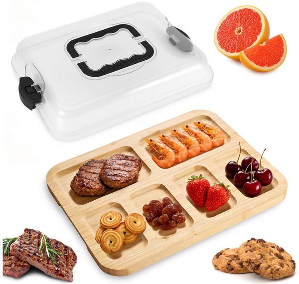 BlingBin Käsebrett Bambus Charcuterie Board mit Griff (6 Grid) & Deckel für Snack & Käse, Kunststoff + Bambus, (1 Stück, 1-St, 38 × 28,6 × 6,8 cm), Käseplatte Servierbrett Küchenbrett Tragbare Picknickplatte