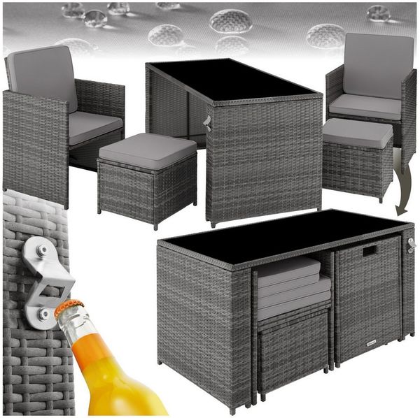 tectake Sitzgruppe Rattan-Gartenlounge für 2 bis 4 Personen, inklusive Flaschenöffner, (Loungeset Palermo, 5-tlg, für Außen in Grau), widerstandsfähig, UV-beständig, mit Sicherheitsglasplatte