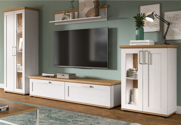Inn. Furn Wohnwand Mirano, (in weiß Lärche Landhaus und Eiche Artisan, 4-teilig, 316x161 cm), mit viel Stauraum, verschiedene Stellmöglichkeiten