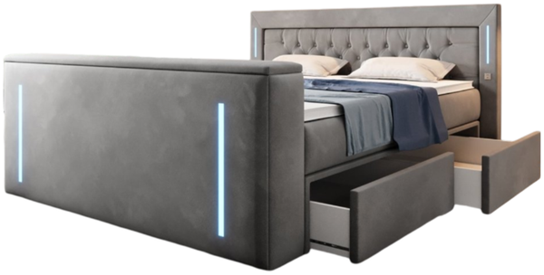 Boxspringbett Divaneo mit TV Lift und Stauraum (2 Schubladen) 160x200 Grau H4 (100kg+)
