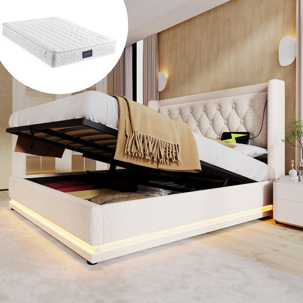 Polsterbett 160x200 cm mit Matratze, USB-C, LED und hydraulischem Bettkasten, Beige Baumwolle