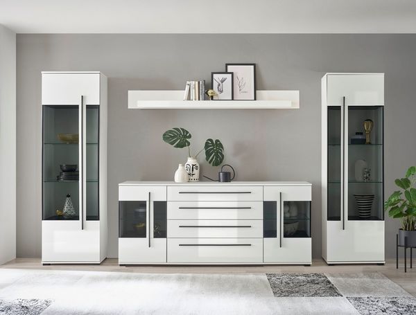 Home affaire Wohnwand Cantara, moderne Anbauwand, Wohnzimmer-Set, in Eiche Evoke oder Weiß, (Set), enthält zwei Vitrinen, ein Sideboard und ein Wandboard