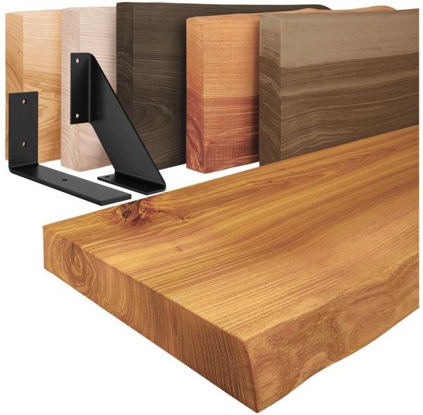 LAMO Manufaktur Wandregal Holz Baumkante Regal Farbe: Rustikal mit weißem Basic 40 cm, Komplett-Set, 40mm stake Massivholzplatte Bild 1