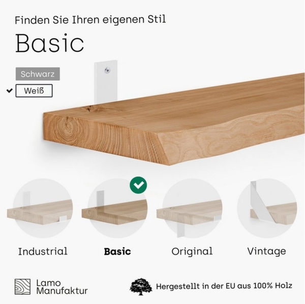 LAMO Manufaktur Wandregal Holz Baumkante Regal Farbe: Rustikal mit weißem Basic 40 cm, Komplett-Set, 40mm stake Massivholzplatte Bild 2