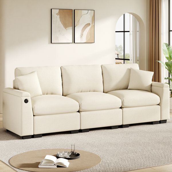 Dreisitzer-Sofa mit Klapptisch, USB-Anschluss und Stauraum, Chenille, 242x80x88 cm, Beige