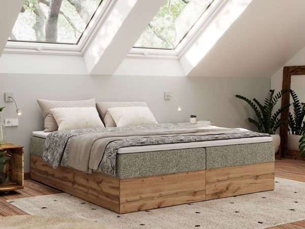 Polsterbett mit Bettkasten, Boxspringbett ohne Kopfteil WOOD ZERO, 7-Zonen Multipocket-Matratze und Topper, modernes Bett für Schlafzimmer - Grau Strukture - 160 x 200 cm - H3