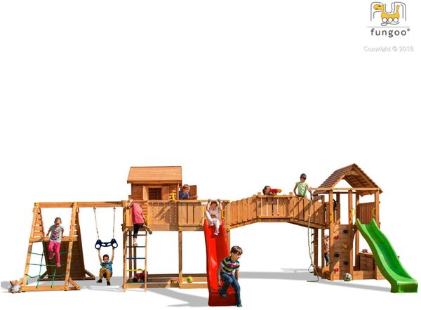 Fungoo Spielturm "Maxi Set Spider Land My Space XL Fortress Toybox Rainbow Spider+", teak,mit 2x Rutschen, 2x Spieltürmen, Verbindungsbrücke, Schaukel, Leiter, Trapez, Kletterseil und Kletterwände