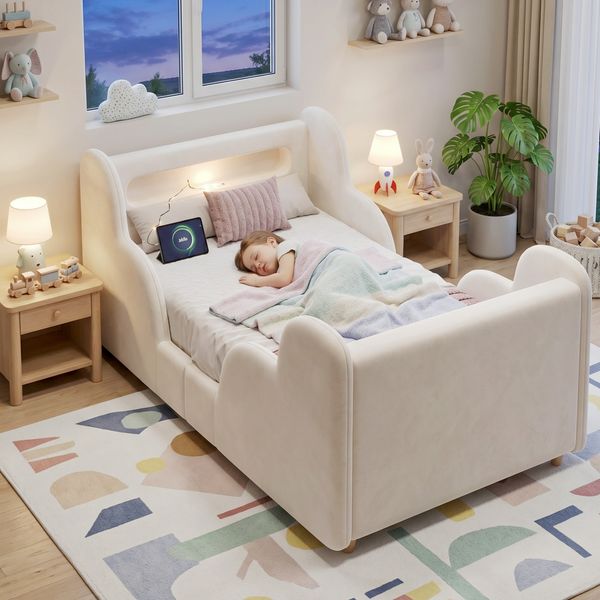 Kinderbett 90 x 200cm, Polsterbett, Einzelbett, mit Schutzgeländer, mit Nachtlicht und USB-Ladeanschluss und Ablagefächern, Bettbeine aus Massivholz, samt, beige