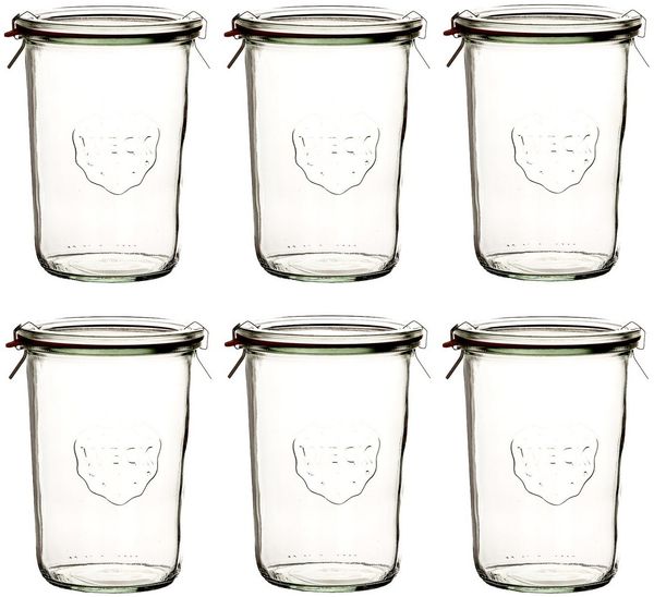WECK Vorratsglas 6x WECK-Sturzglas 850ml (3/4 Liter) mit Gummiring, Glas, (Set, 6-tlg, 6 Gläser, 6 Klammern, 6 Dichtringe, 6 Glasdeckel), 6 Einweckgläser 850ml inkl. Dichtringen, Klammern & Glas-Deckeln