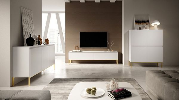 Selsey TV Schrank Board Sideboard Fernsehtisch Fernsehschrank Mit Schränken 175 cm Goldene Beine Weiß Bemmi