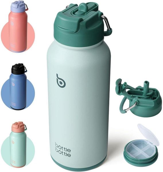 Edelstahl Trinkflasche 1L Isolierflasche Strohhalm Sport Pillendose Grün