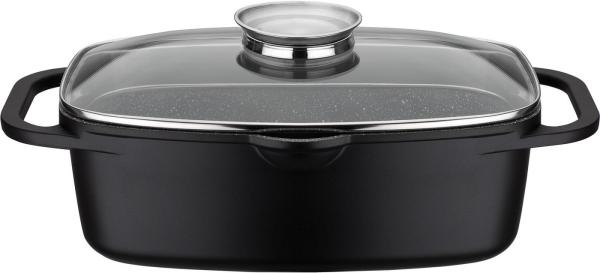 GSW Universalbräter Gourmet Granit – hochwertiger Bräter mit Deckel, ideal zum Schmoren, Grillen und Braten, auch für Induktion und Backofen – Schwarz, Aluguss, 6 Liter