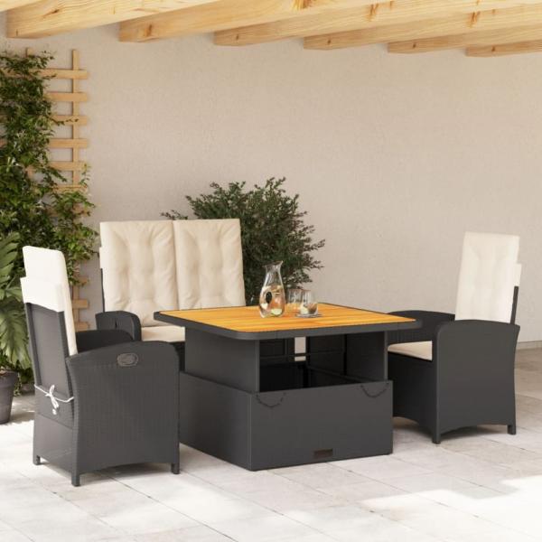 vidaXL 4-tlg. Garten-Essgruppe mit Kissen Schwarz Poly Rattan 3277320