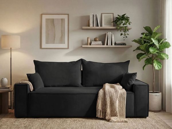 GRAINGOLD Sofa Sivra, Schlafsofa mit Bettkasten, Couch 3-Sitzer, Schlafcouch, Velour-Stoff, Schwarz