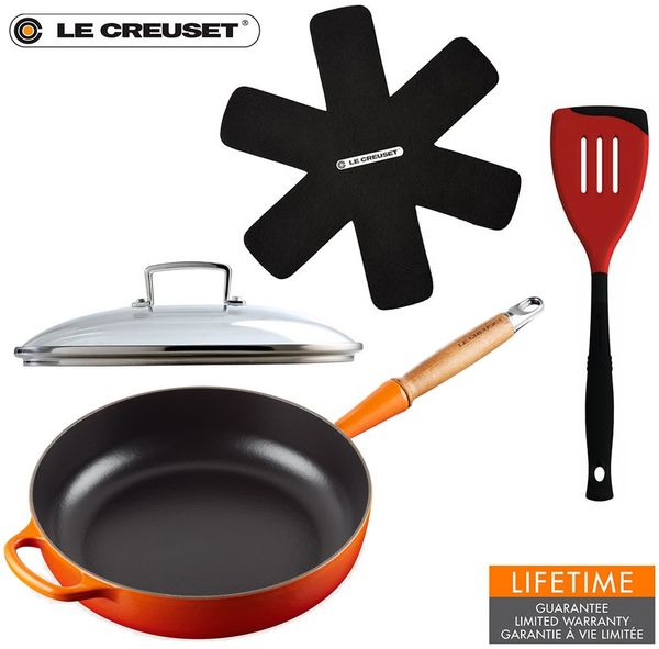 Le Creuset Sautépfanne 28 cm ofenrot mit Glasdeckel Wender Pfannenschutz - 25 bis 28 cm - Orange