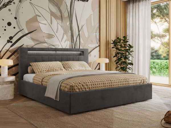 Polsterbett GOLD 5 CLASSIC 180 x 200 cm mit LED-Beleuchtung & Bettkasten, Doppelbett inkl. Lattenrost, Metall-Lift-System & Stauraum, Multipocket Matratze - Dunkelgrau Velvet - ELORI LUX