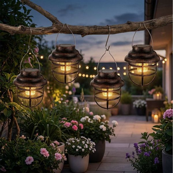 GLOBO LIGHTING LED Solarleuchte, LED-Leuchtmittel fest verbaut, 4er Set LED Solar Pendel Laternen Gitter Design Außen