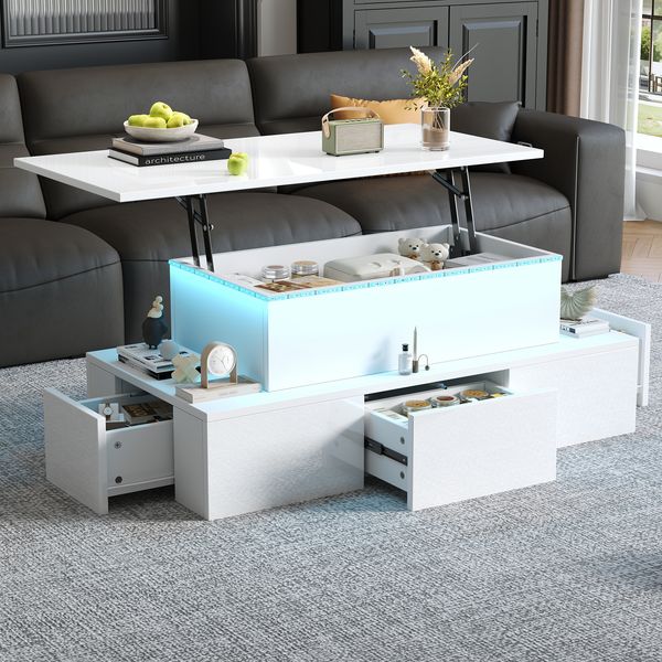 Merax anhebbarer Couchtisch mit 4 Schublade, Hochglanz-Beistelltisch mit LED, Sofatisch, kaffeetisch, Wohnzimmertisch mit verstecktem Stauraum, Weiß