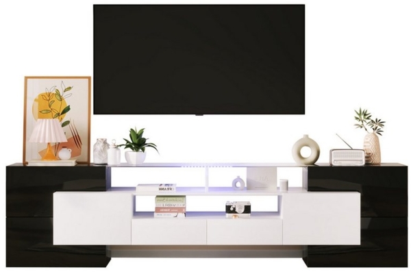 Merax Lowboard mit LED-Beleuchtung und Glasplatte, TV-Schrank mit hochglänzenden Korpus,Betonoptik,Breite 200 cm