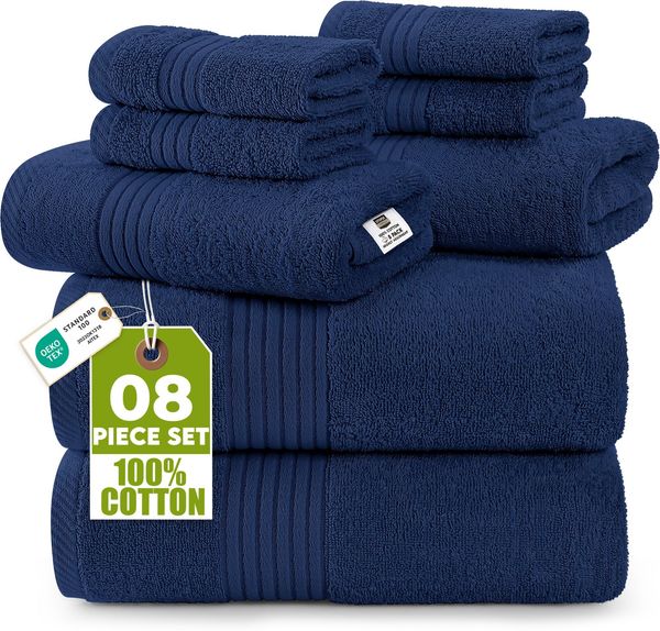 Utopia Towels 8-teiliges Handtücher aus 100% Baumwolle, weich und saugfähig für den täglichen Gebrauch, 2 Badetücher 69x137 cm, 2 Handtüchern 41x71 cm, 4 Waschlappen 30x30 cm (Marine Blau)