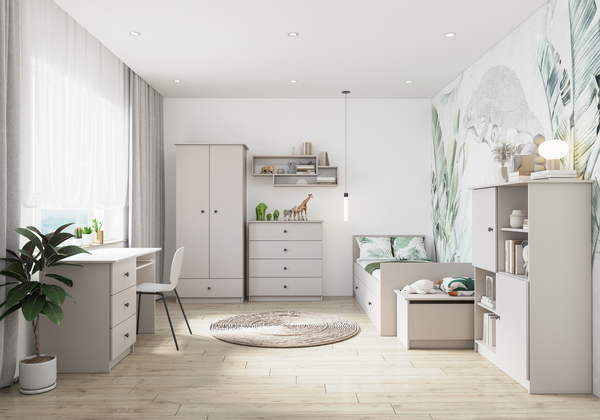 Jugendzimmer Livani in Kashmir – 6-teilige Kinderzimmer Komplettsets mit rosa oder grauen Griffen - Kleiderschrank + Jugendbett 90x200cm + Schreibtisch + Kommode + Regal + Spielzeugkiste , graue Griffe
