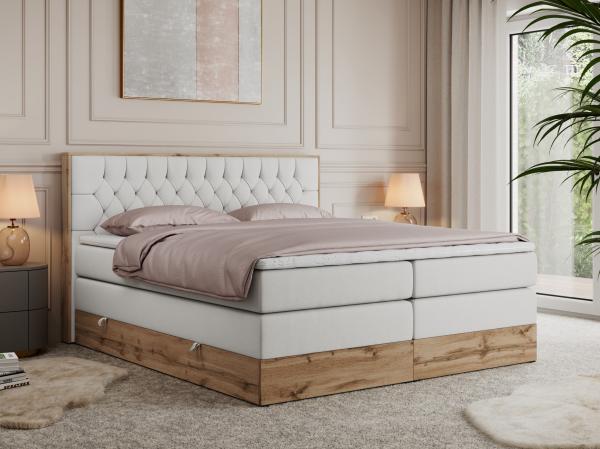 Boxspringbett AMORE KING, Doppelbett mit Multipocket-Matratze, Polsterbett mit Kopfstütze - 160 x 200 cm - Weiß Kunstleder - H4