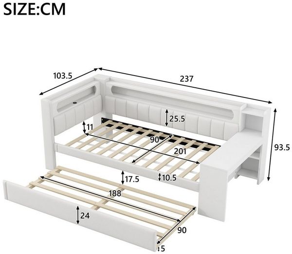 Ulife Polsterbett Tagesbett Kinderbett mit LED-Beleuchtung und Schreibtisch (1-tlg, Ohne Matratze), mit Ausziehbett, 90x200cm+90x190cm