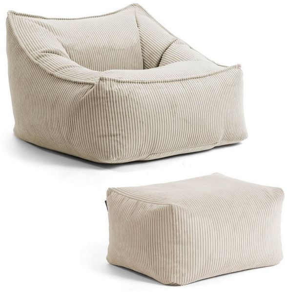 mokebo Sitzsack Sessel mit Hocker aus Cord 'Der Lümmel', XXL Sitzsack, Cord Sessel oder Sitz Sessel für Wohnzimmer und Wintergarten, auch als Riesensitzsack in 95 x 75 x 60 (BxHxT in cm) in Beige