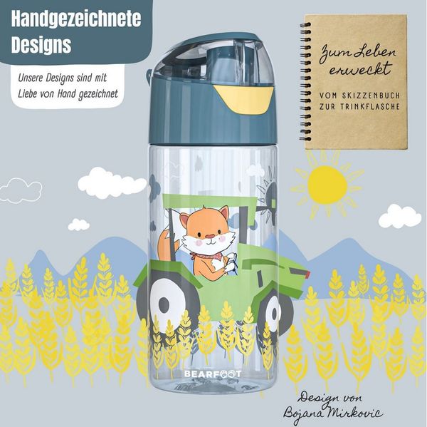 BEARFOOT Trinkflasche Trinkflasche Kinder, leichte Wasserflasche - Traktor Fuchs