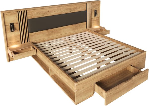 Doppelbett 160*200cm, Stauraumbett, holzbett, Jugendbett, mit Leselampe, mit 2 Nachttische, mit Schubladen, Naturfarbe Bild 10
