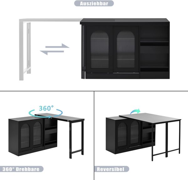 Tisch 121,5 x 40 x 76,7 cm, ausziehbar, 360° drehbar, mit Stauraum, schwarze MDF-Ausführung Bild 8