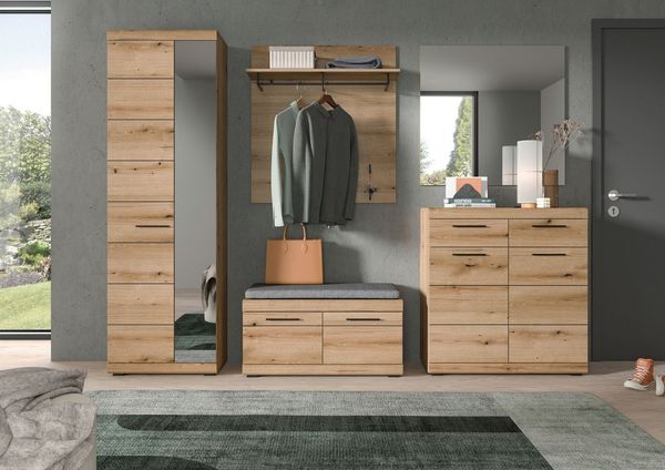 Home affaire Garderoben-Set SIENA, Breite 272 cm, 6-tlg, individuell stellbar, inkl. Sitzkissen, (Komplett-Set, 5-St, Garderobenschrank, Sitzbank, Sitzkissen, Paneel,Schuhschrank & Spiegel), Garderobenkombination, Flurgarderobe, Flur, Garderobe, Diele