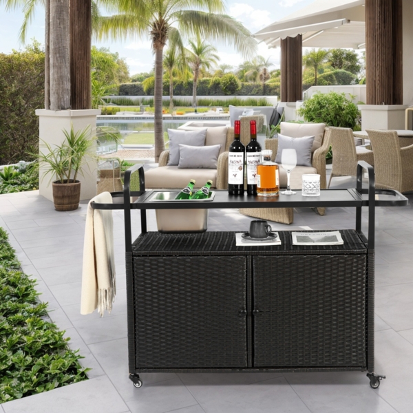 Outdoor Bar Cart mit Schrank, Korb & Eisbehälter, 131 x 50 x 91 cm, Schwarz