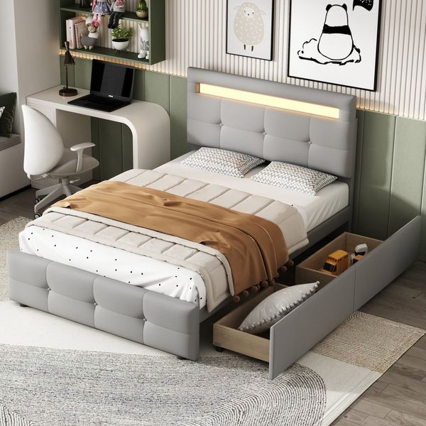 BlingBin Polsterbett Einzelbett Funktionsbett Kinderbett Jugendbett, 90x200 cm (1er Set, 1-tlg, mit LED-Leuchten, 2 Schubladen), hautfreundlicher Leinenpolsterung flach Bettrahmen Gästebett