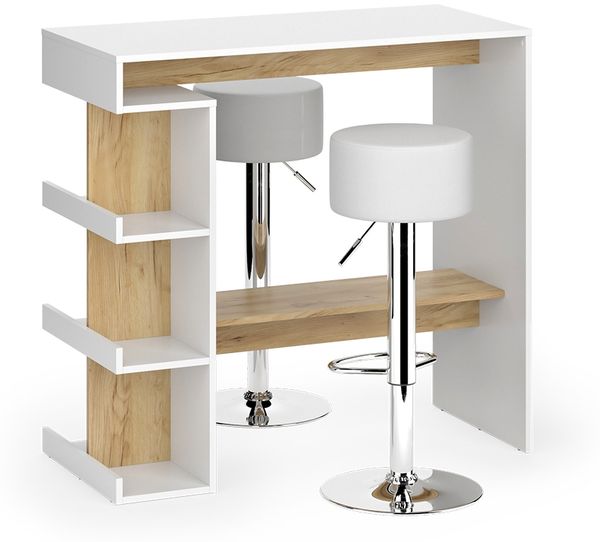 Bartisch-Set Dana Weiß/Goldkraft Eiche 108 x 50 cm mit 2 Barhockern Vicco