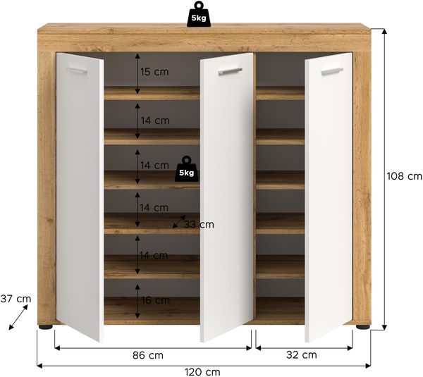 xonox. home Garderobe Jam X8BK6608 Schuhschrank Garderobenschrank Schrank in Wotan Eiche Nb, weiß. ca. 120 x 108 x 37 cm Bild 4
