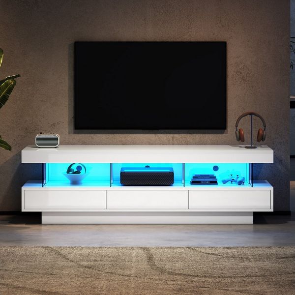autolock Lowboard TV-Schrank Hochglanz mit LED-Beleuchtung 3 Glasfächern für 70-Zoll-TV (160*38*50.5 cm), Smart-TV-Board Fernsehschrank Kommode TV-Ständer für Wohnzimmer
