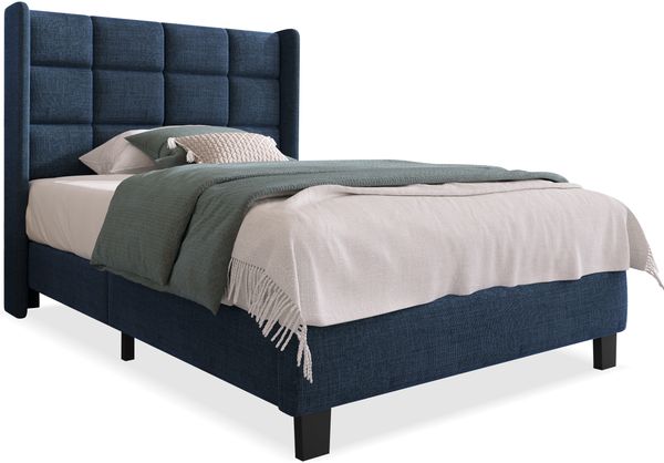 Modernes Design Polsterbett mit gepolstertem Kopfteil, Einzelbett mit Lattenrost, 90x200 cm, in Blau Leinen, mittelfest (Ohne Matratze)